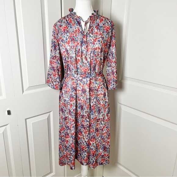 Vintage Dresses & Skirts - Vintage Floral Midi Dress with 3/4 Sleeves | Ruffled Collar & Waist Sash